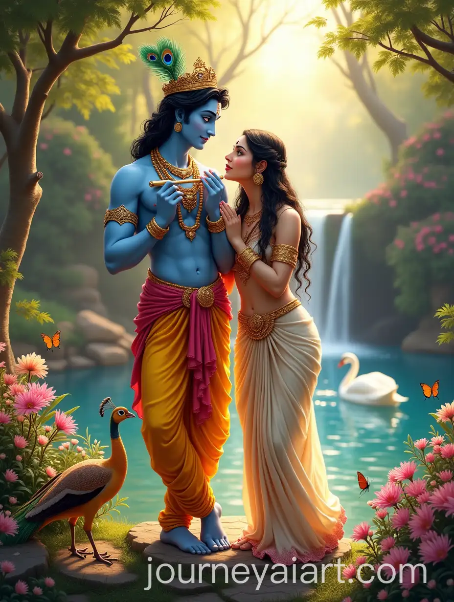 Krishna-and-Radha-in-a-Divine-Garden-with-Swan-and-Peacock