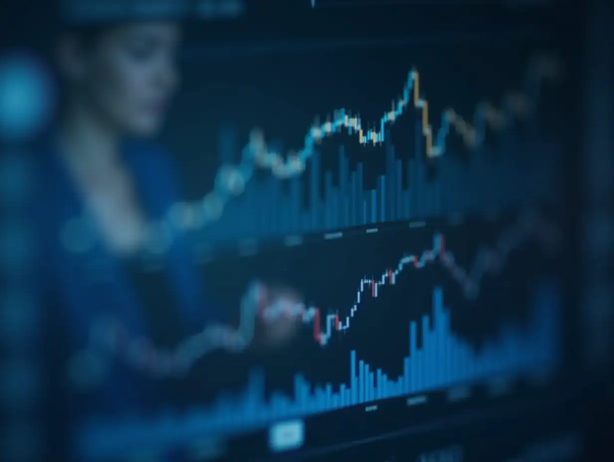 Financial-Graphs-and-Charts-Displayed-on-Digital-Screen-with-Blurred-Figure