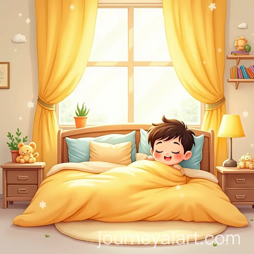 Cute-Muslim-Boy-Waking-Up-in-Cozy-Bedroom-Childrens-Storybook-Illustration