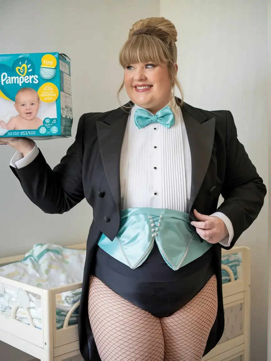 Caucasian-Woman-in-Formal-Tuxedo-with-Pampers-in-Nursery