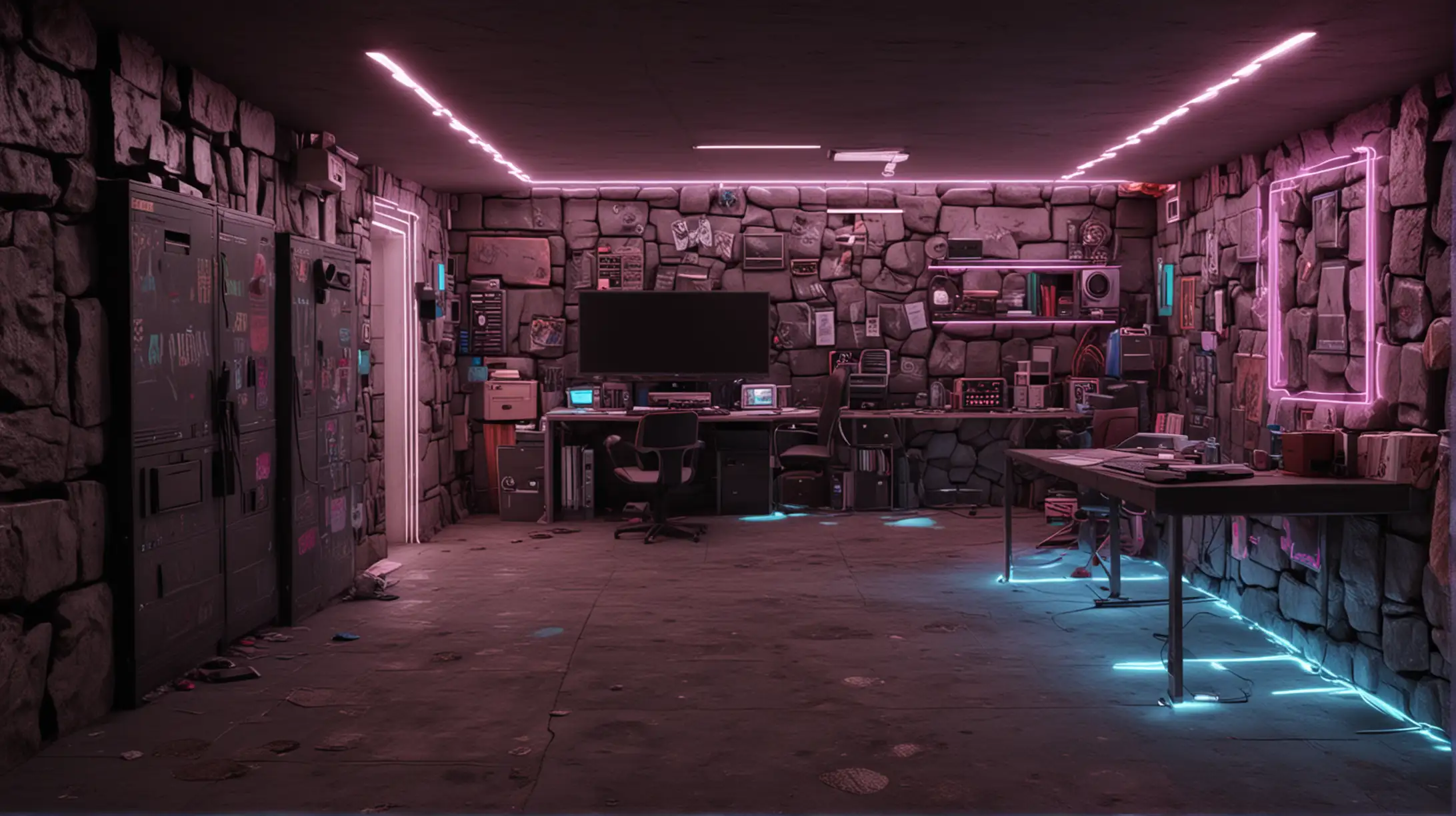 HyperRealistic Cyberpunk Personal Room with Neon Lighting and Rock Walls