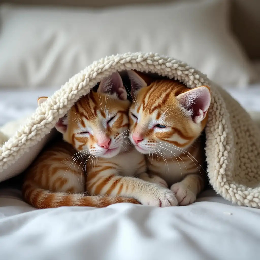 two real cute kittens hugging under a blanket in bed on a pillow