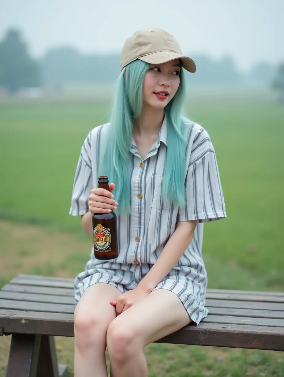 Young-Asian-Woman-with-Pastel-Blue-Hair-Enjoying-Outdoors-on-Park-Bench