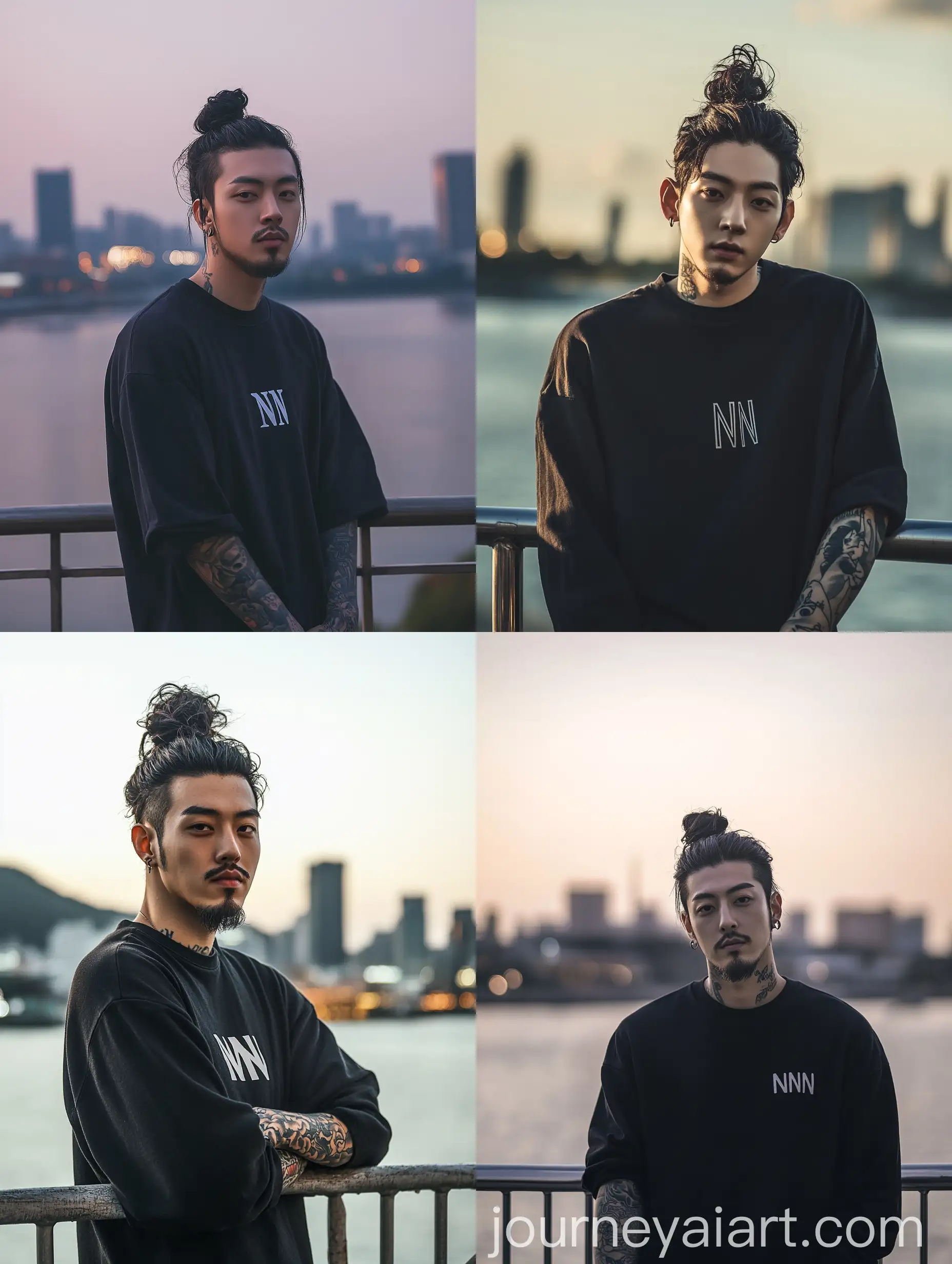 Korean-Man-with-Man-Bun-Hairstyle-and-Tattooed-Arms-Contemplating-by-Waterfront-Cityscape