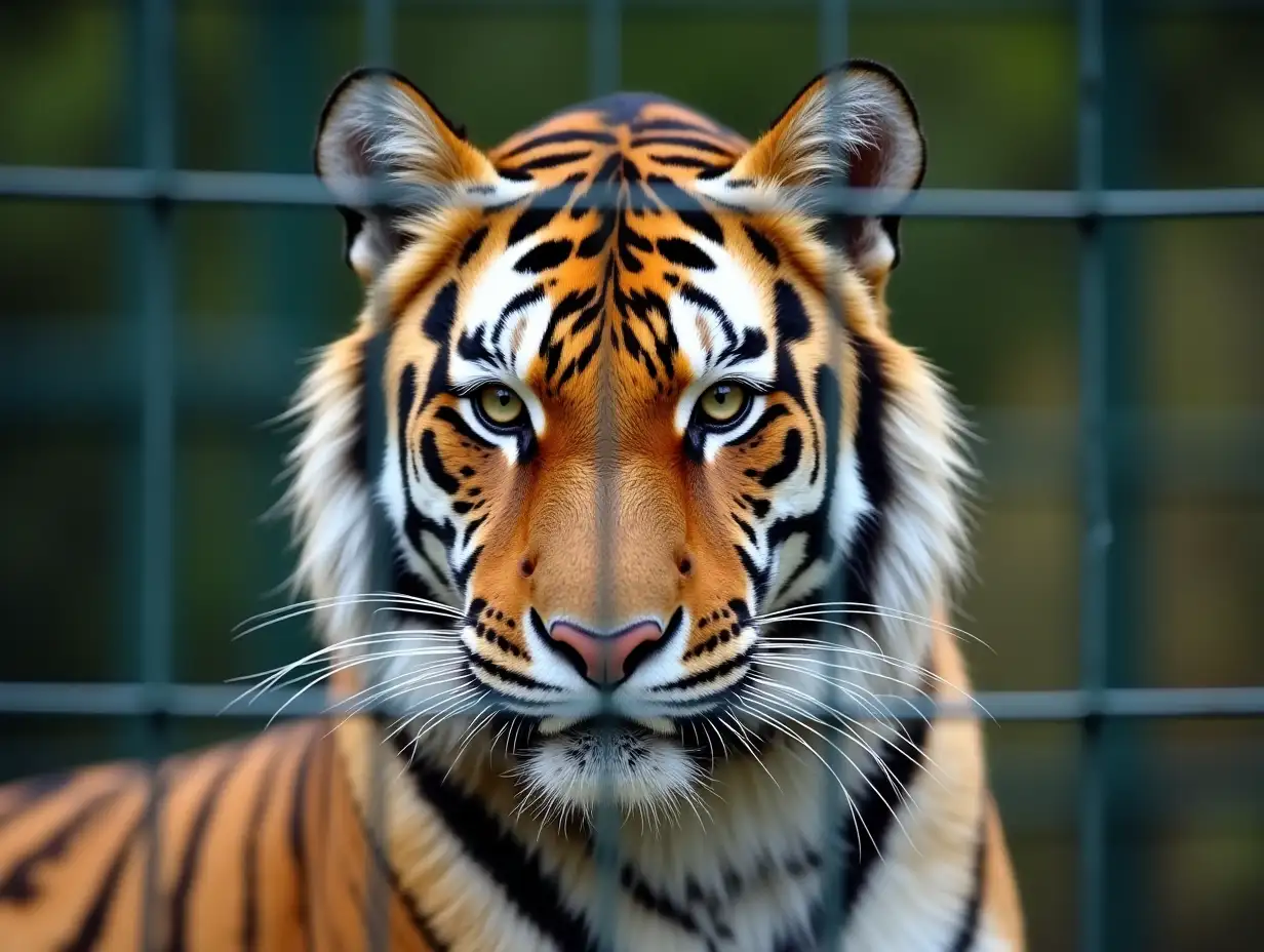 Close up image of a tiger behind a fence showing it as the largest cat species ranking third in size among land carnivores after polar and brown bears. with copy space image