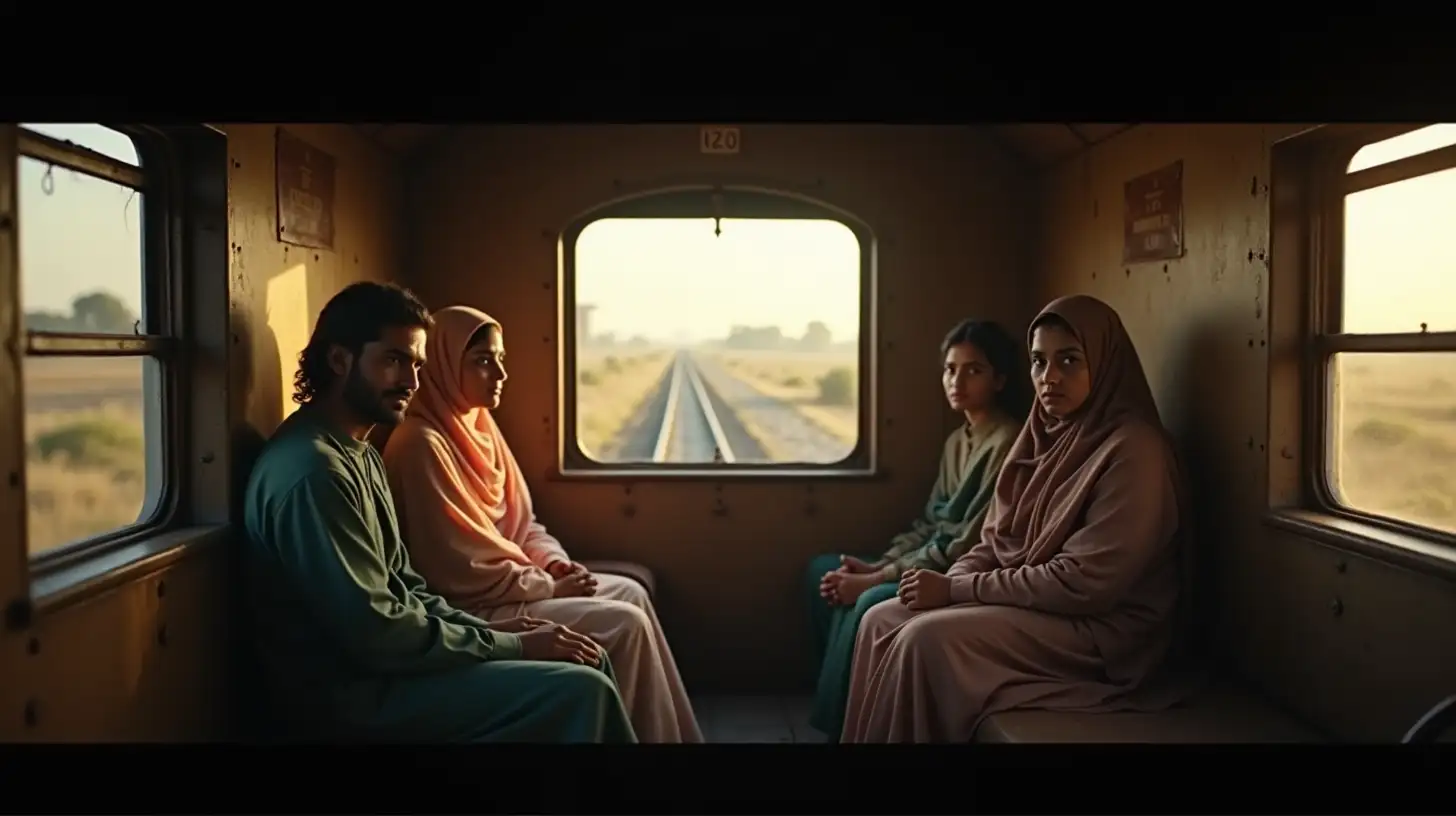 cinematic interior shot inside the old rusty train, depicting a Pakistani Muslim family of three in a warm, nostalgic setting. The train window reveals the passing landscape, capturing the essence of their journey. NEO-NOIR