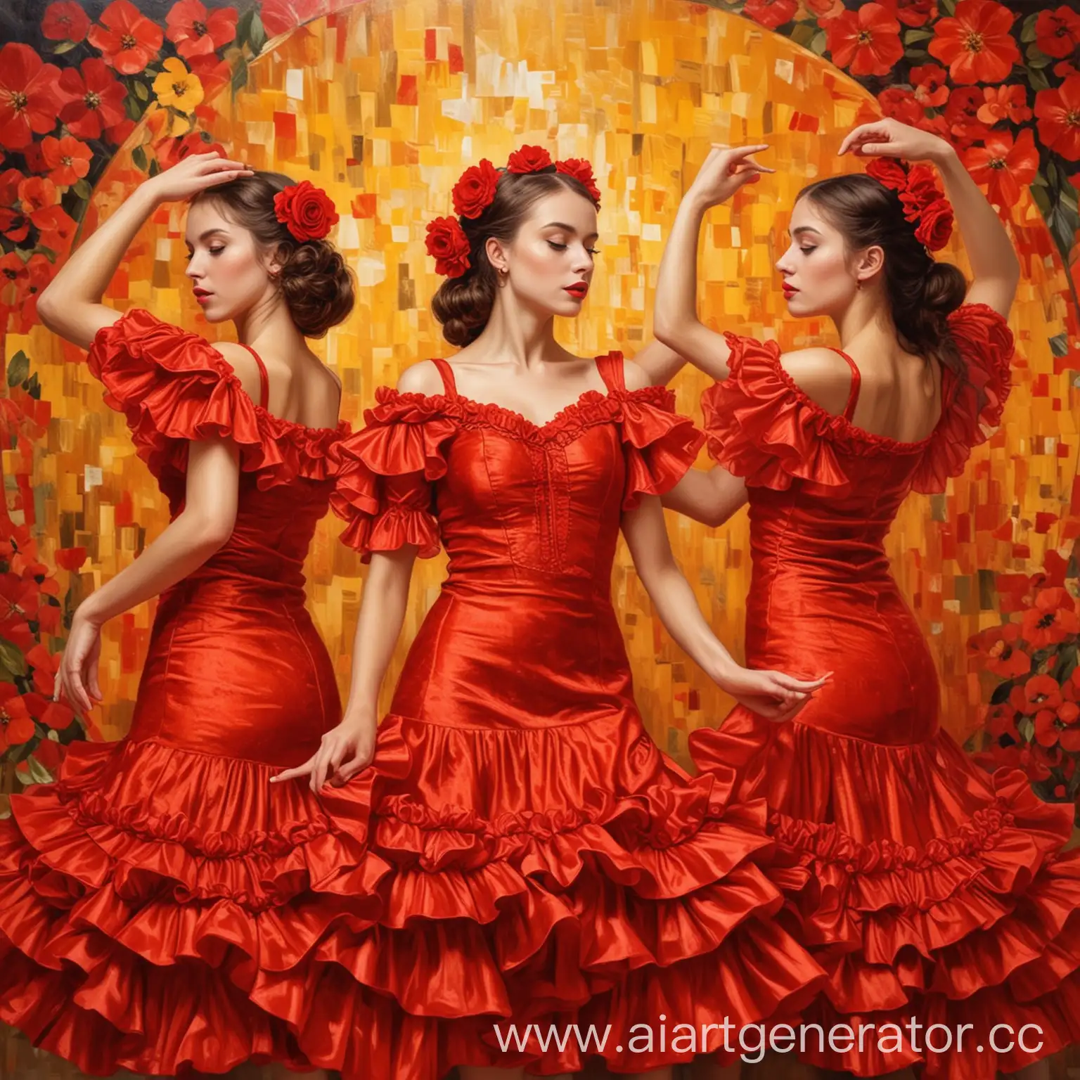 Spanish-Girls-Dancing-Flamenco-in-Red-Dresses-with-Floral-Hair-Accessories