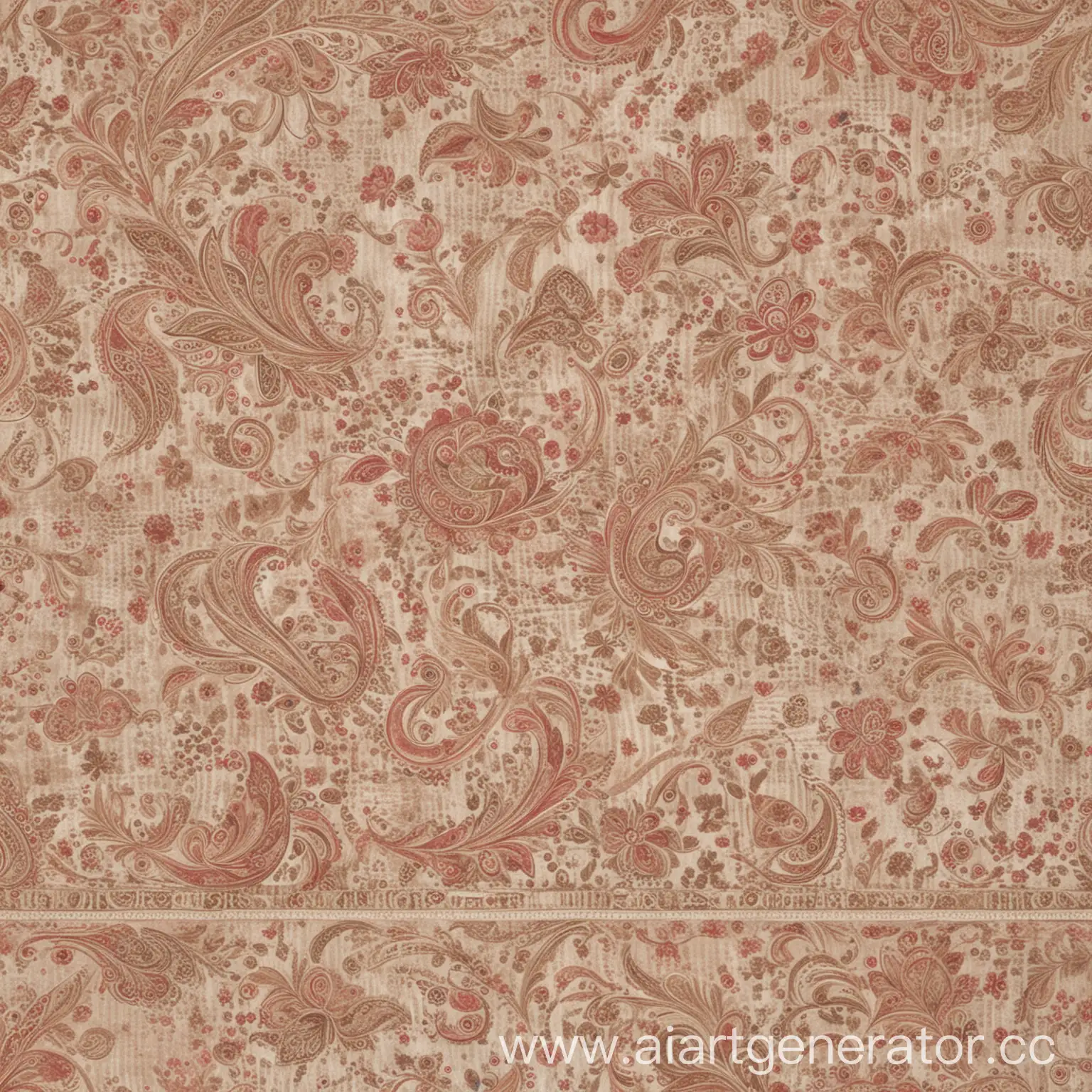 A soft vintage palette of beige, rosa viejo, and damasco, showcasing carved paisley and swirling floral designs. Subtle polka dots fade into the background, and faint corrugated textures create dimension. The edges are ragged and uneven, as if weathered by time.