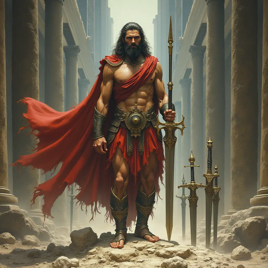 In a time long forgotten, the gods grew bored and sought entertainment. They commissioned the god Vulcan to forge twelve powerful swords, each with unique abilities,in the style of Frazetta