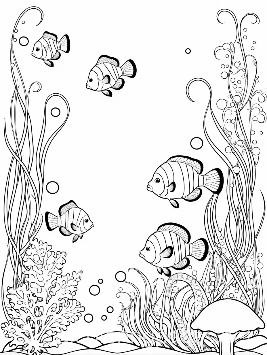 A cheerful clownfish, a graceful seahorse, and a cute jellyfish exploring an underwater garden., Coloring Page, black and white, line art, white background, Simplicity, Ample White Space. The background of the coloring page is plain white to make it easy for young children to color within the lines. The outlines of all the subjects are easy to distinguish, making it simple for kids to color without too much difficulty