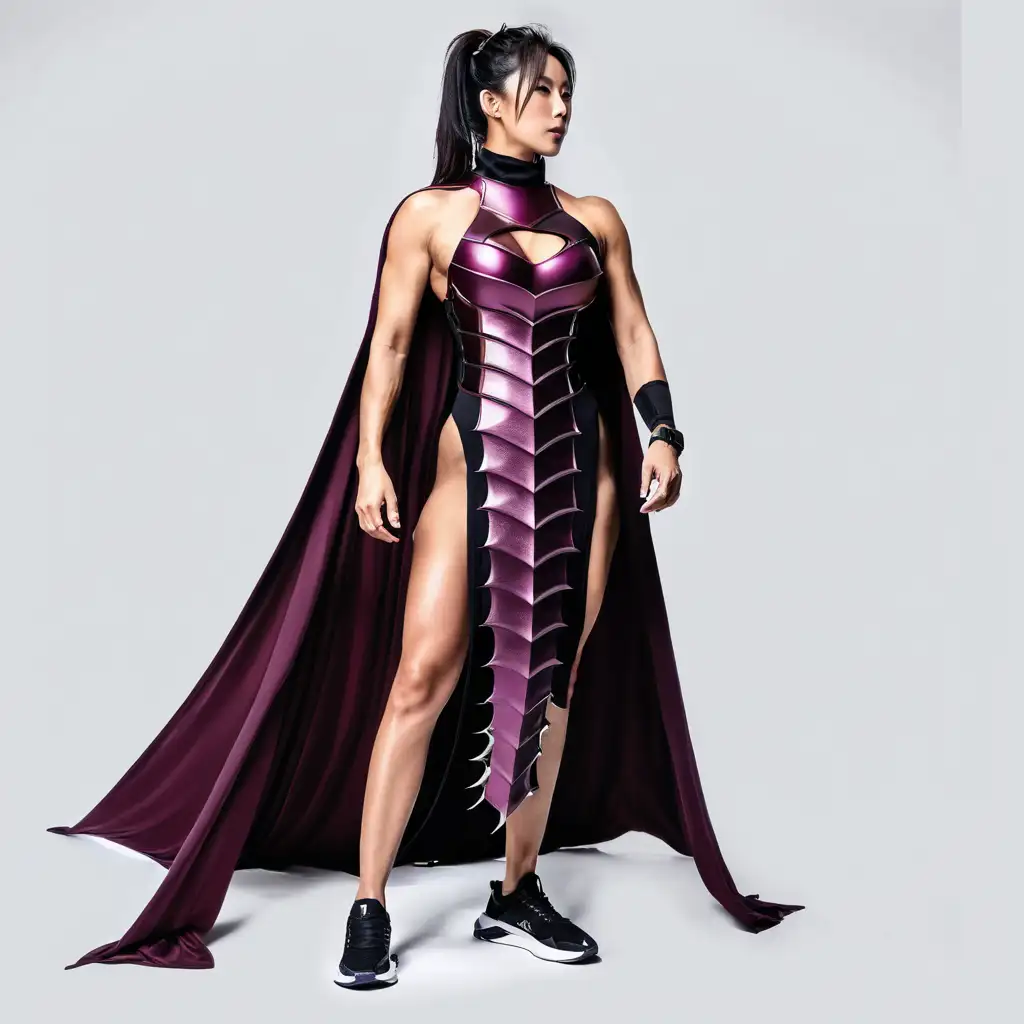 Japanese Woman Bodybuilder in ReddishPurple DragonDress Armor