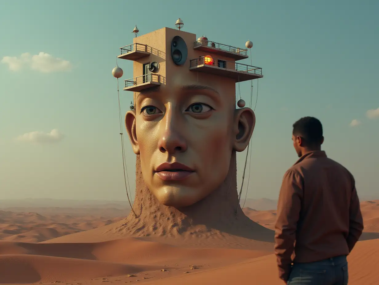 Face transforms into a tall building with a terrace with speaker  with lit hanging balls with and lantern in the desert with  with view to the observer