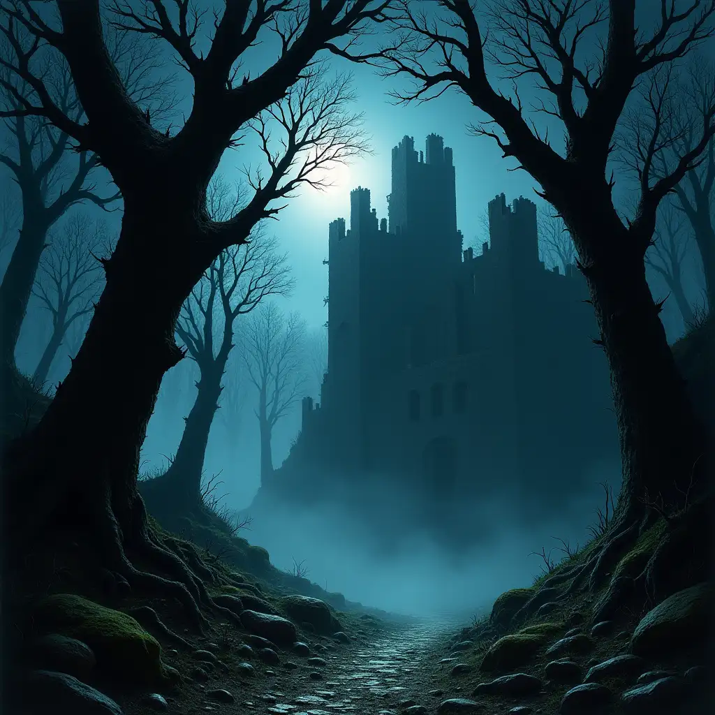 A dark, eerie forest shrouded in mist, where gnarled trees with sharp, twisted branches claw at the night sky. In the distance, a decaying castle rises ominously from the fog, its stone walls cracked and overgrown with thorny vines. The dim moonlight casts long, distorted shadows, giving the scene an unsettling, otherworldly atmosphere. The composition evokes the gritty, intense style of 1970s dark fantasy artists like Frank Frazetta and Bernie Wrightson, with deep contrasts, vivid details, and a sense of foreboding.