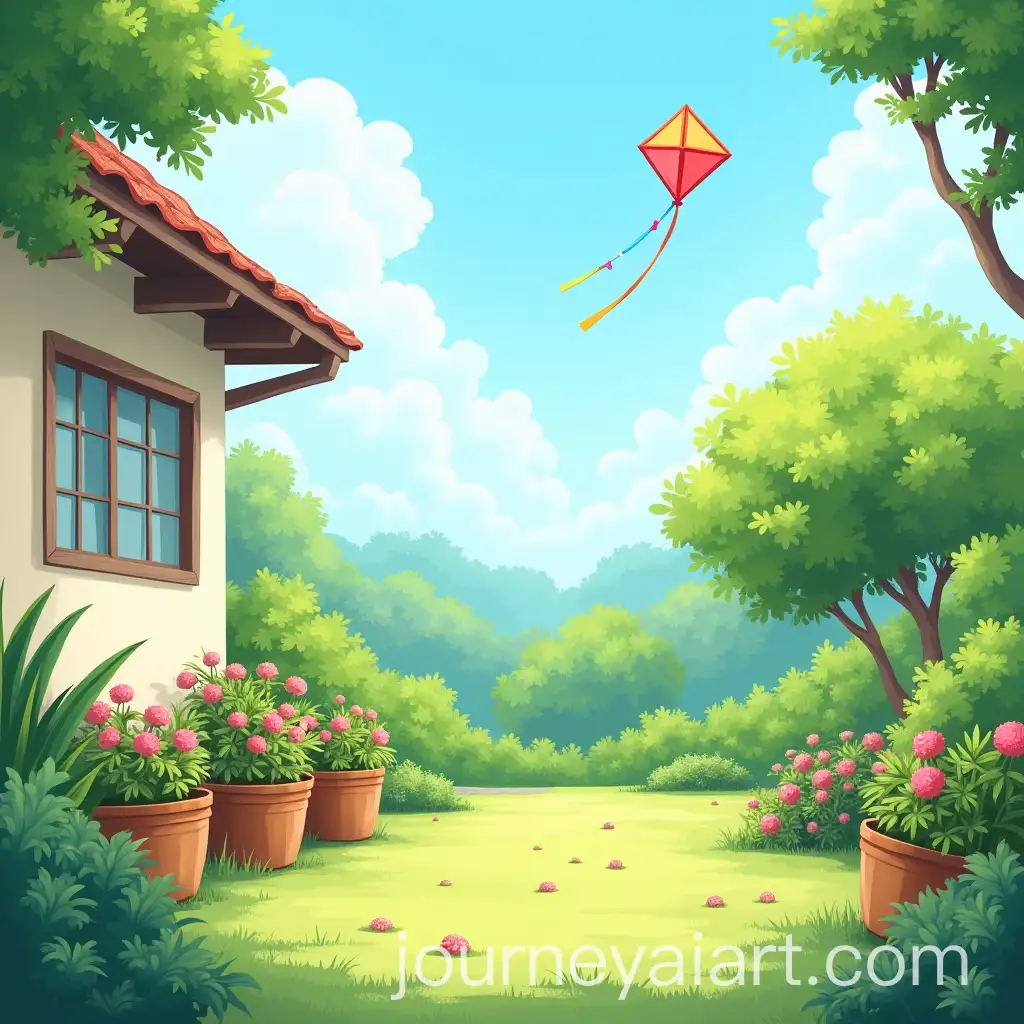 Lush-Green-Garden-with-Colorful-Kite-in-Bright-Sunny-Day