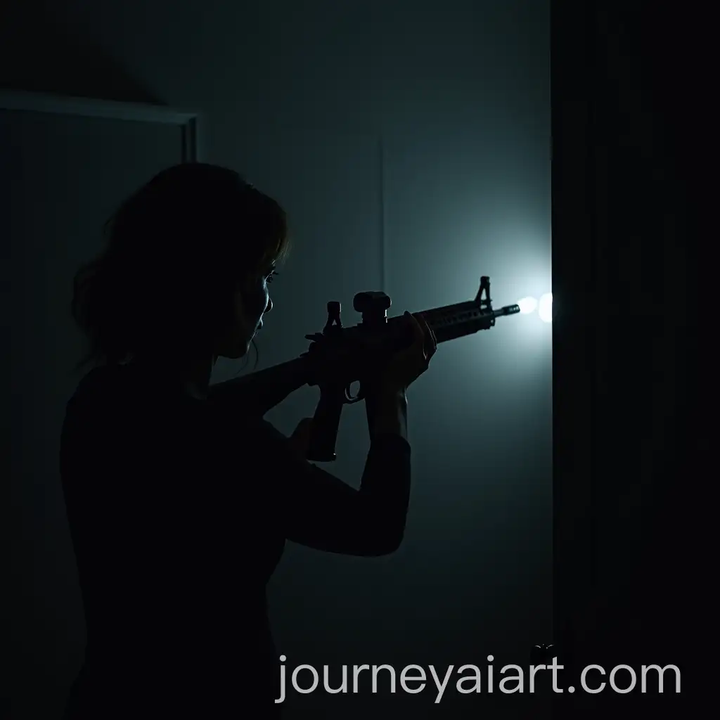Silhouette-Reaching-for-Rifle-in-Dark-Apartment-at-Night