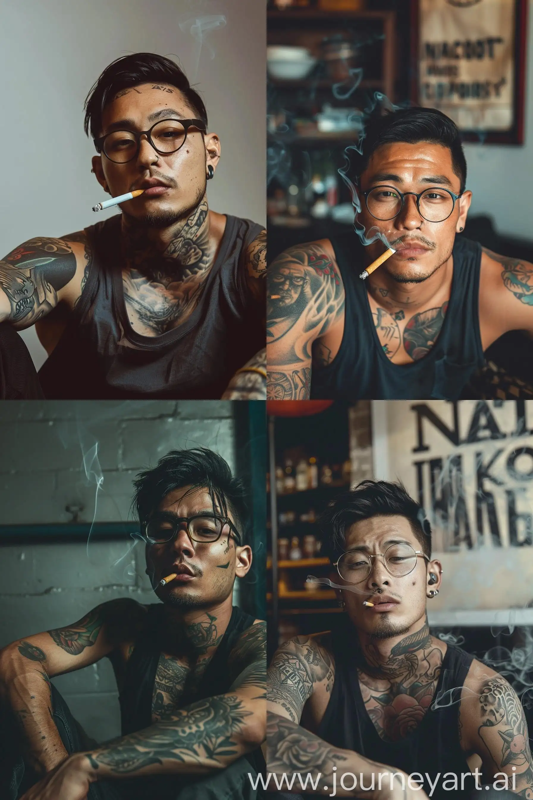 Cool-Asian-Man-with-Tattoos-in-Narcos-Film-Theme-Smoking