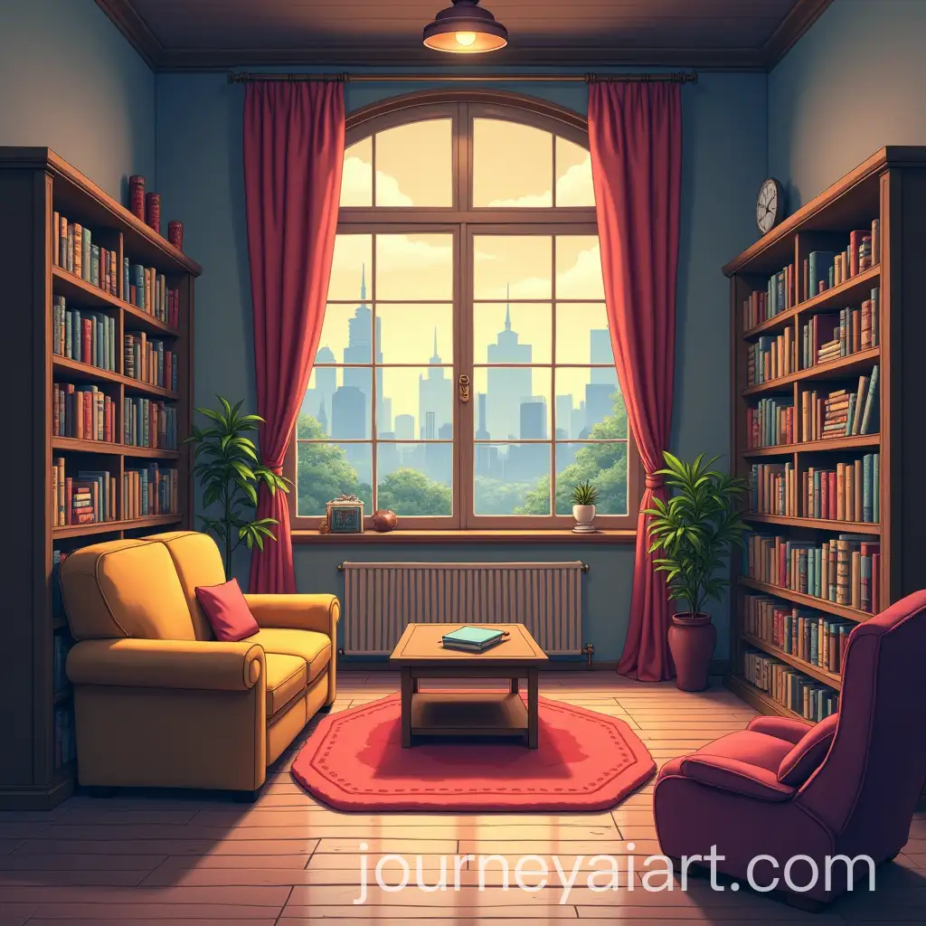 Cozy-AnimeInspired-Living-Room-with-BookLined-Walls