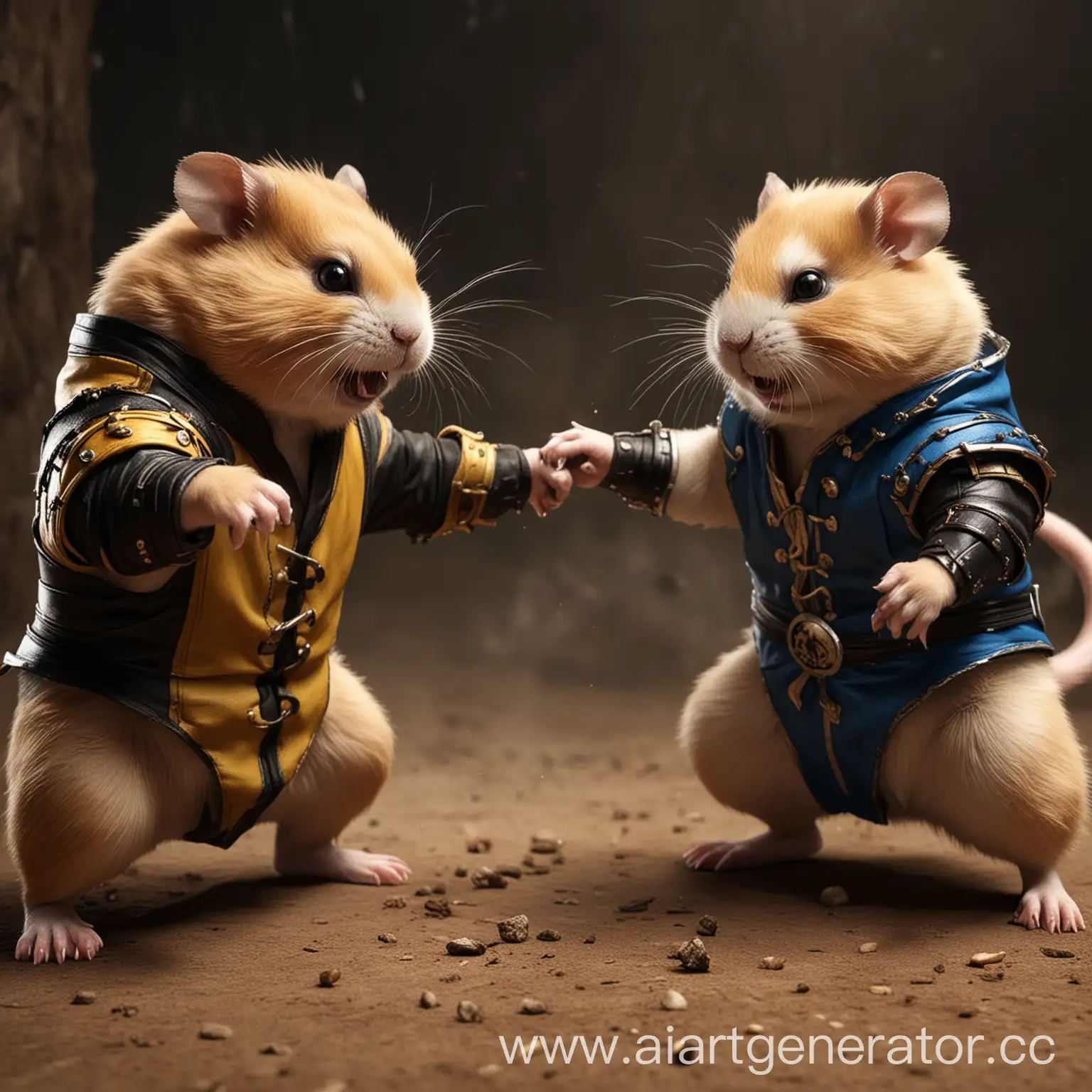 Draw two aggressive hamsters, dressed as sabziro and scorpio, fighting in the style of mortal kombat The aspect ratio is 16:9