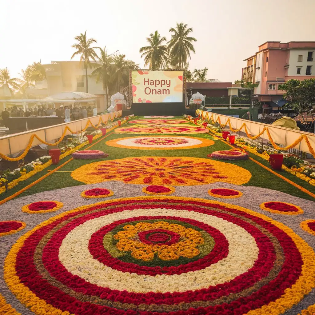 Onam Celebration with Vibrant Flower Carpet and Happy Onam Message