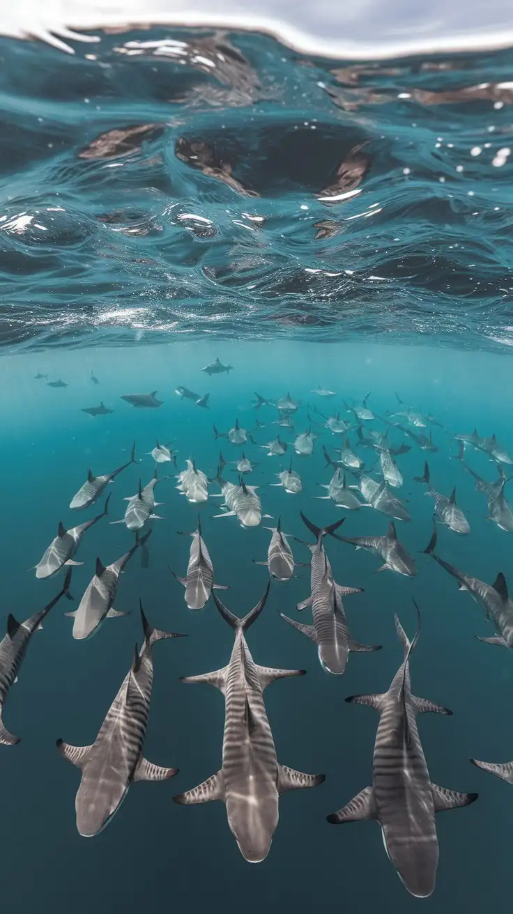 Panoramic-Underwater-Scene-with-Tiger-Sharks-in-the-Open-Ocean