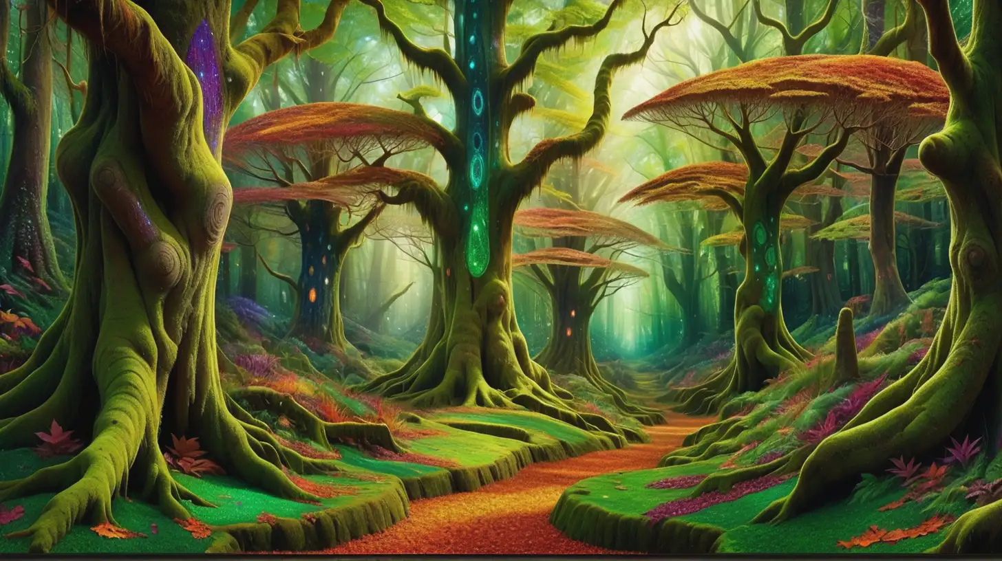 Enchanted Forest with Colorful Trees and Shimmering Mosaic Patterns