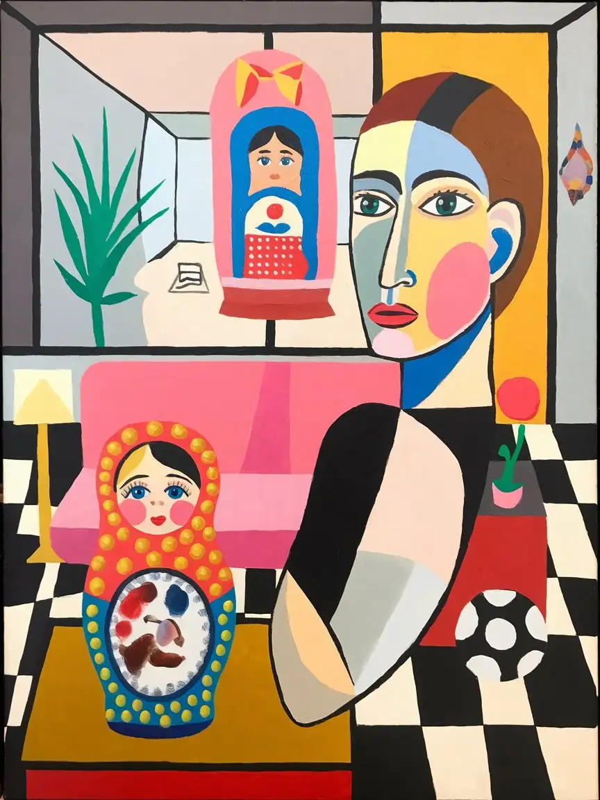 make an oil painting based on artists like Piet Mondrian and Yayoi Kusama. cubism, matryoshka, plastic surgery, weight loss, abstraction