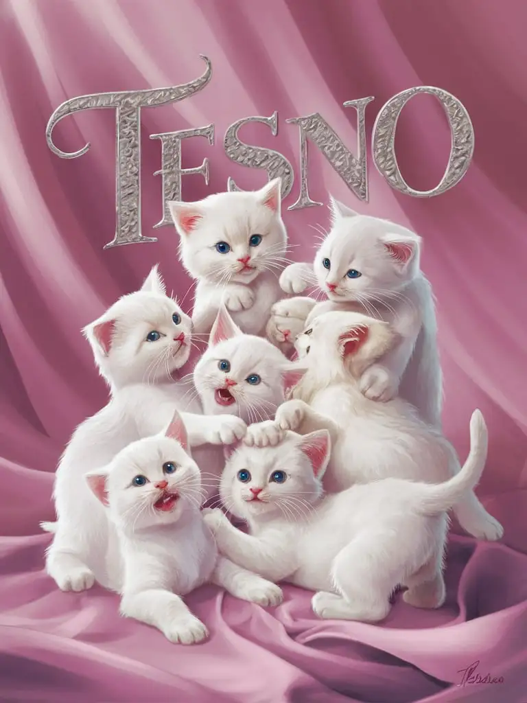 White-Cats-Playing-on-Pink-Background-with-TESNO-Inscription