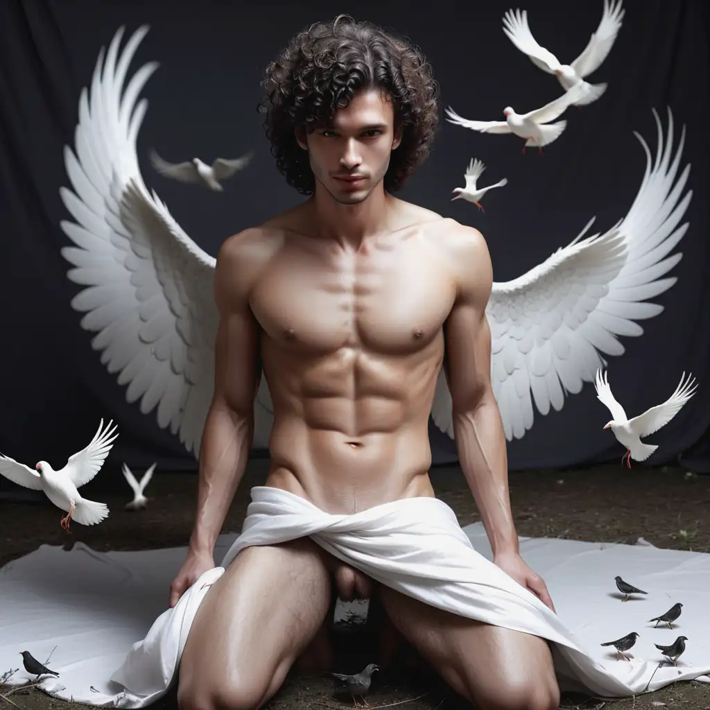 Man-with-Bird-Wings-in-a-Natural-Pose-Curly-Hair-and-White-Cloth