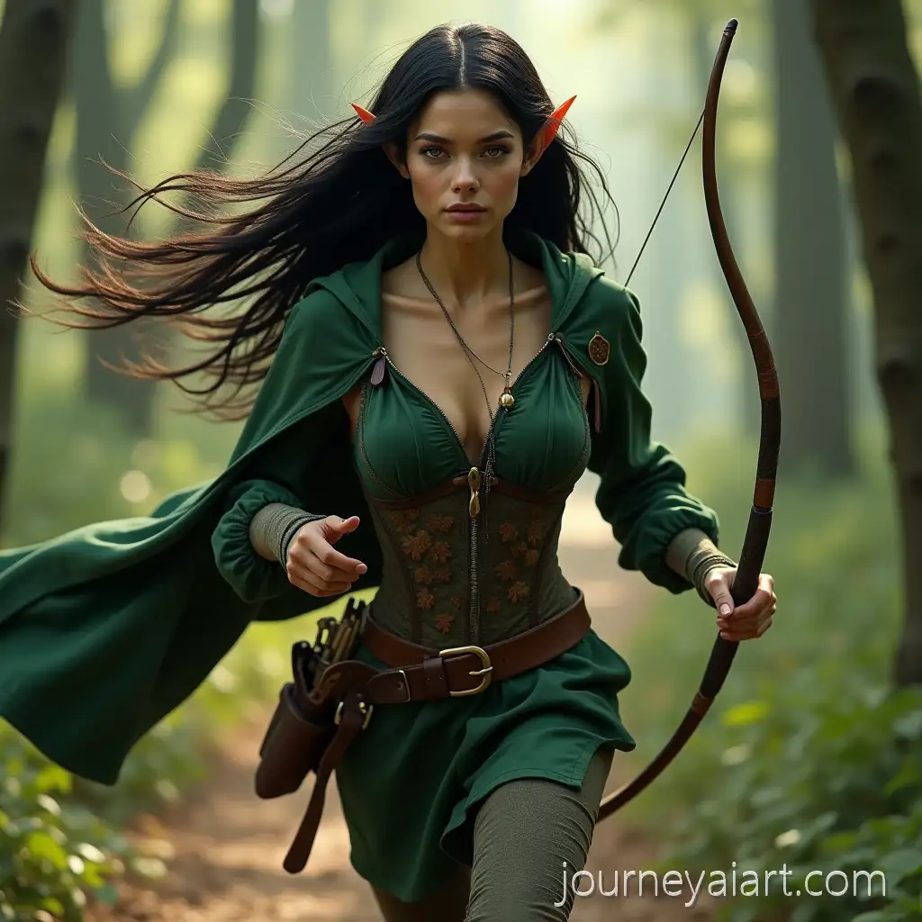 Elven-woman-in-enchanted-forestWild-Elven-Woman-Sprinting-Through-Enchanted-Forest-with-Curved-Bow