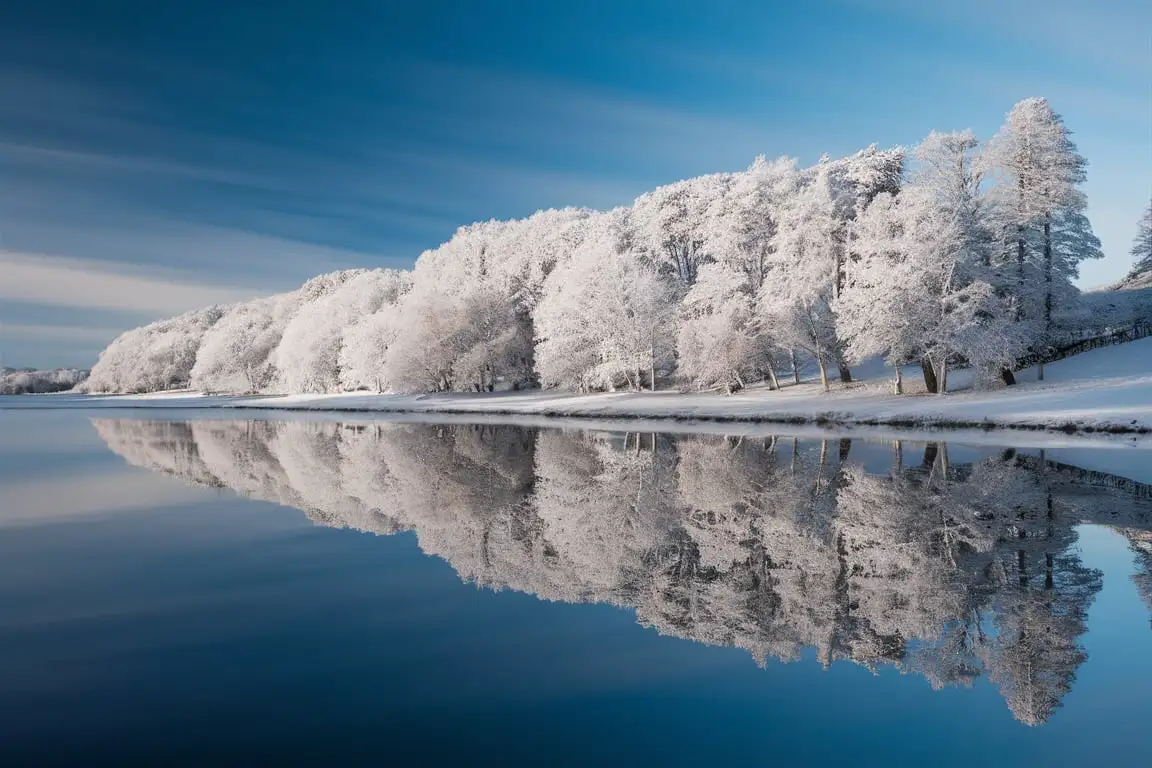 A serene winter landscape featuring a line of snow-covered trees by a calm, reflective lake. The trees are fully coated in frost, creating a stunning white silhouette against a clear blue sky. The reflection of the trees and the sky is mirrored perfectly in the still water, capturing the tranquility of the winter season. The horizon is slightly blurred, focusing on the crisp details of the trees and their reflection in the lake.