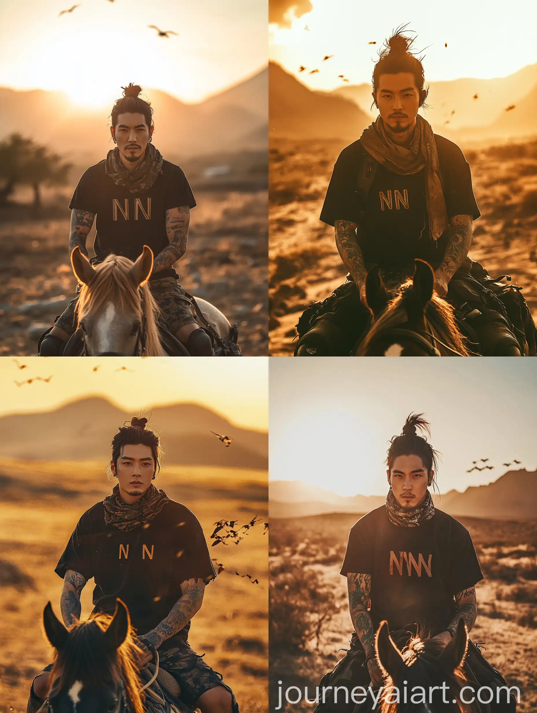 Tattooed-Korean-Man-Riding-Horse-at-Sunset-in-Barren-Landscape