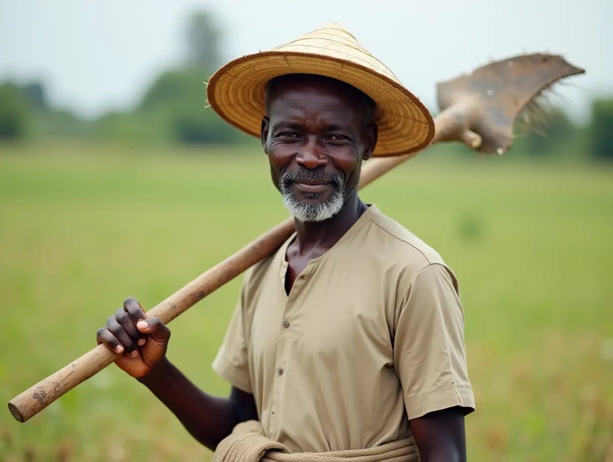 A slim, hardworking Igbo farmer in his late 30s, wearing a simple short-sleeved shirt and a wrapper tied around his waist. He has a straw hat on his head, calloused hands, and a kind face with a light beard. Standing near a farmland with a hoe on his shoulder, he exudes humility and resilience.