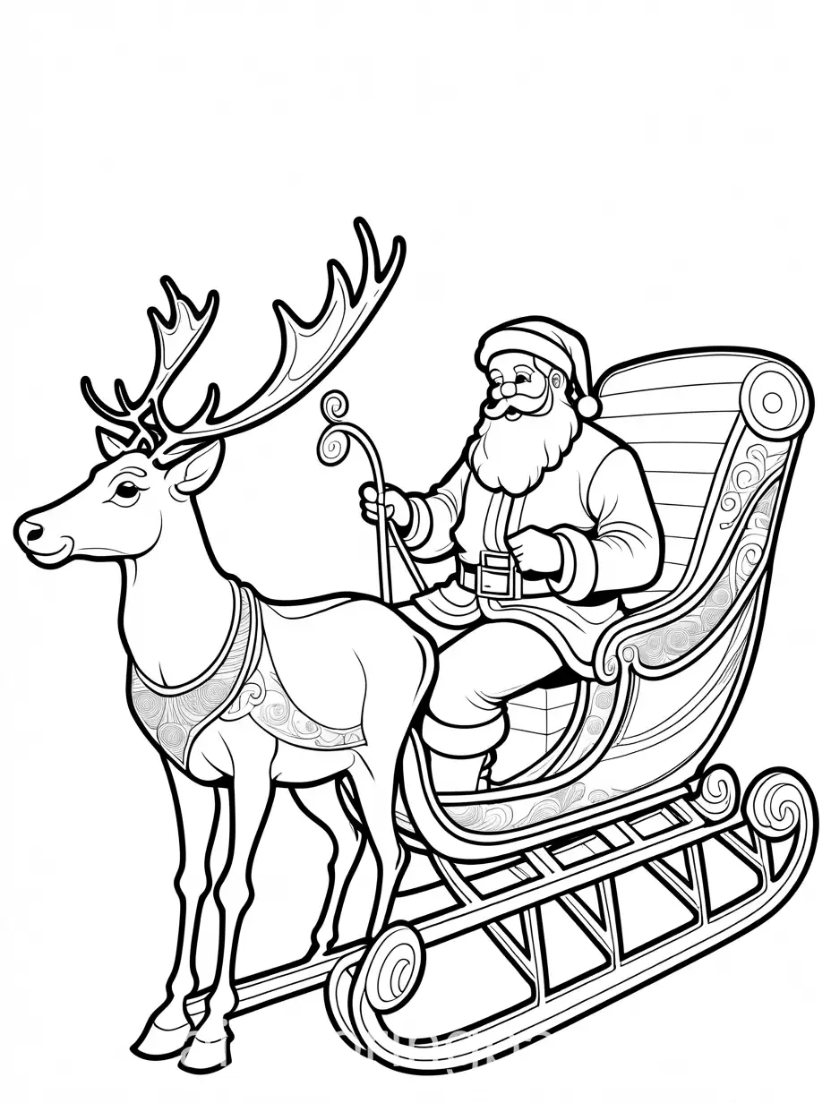 Santa Claus with his sleigh and reindeer, Coloring Page, black and white, line art, white background, Simplicity, Ample White Space. The background of the coloring page is plain white to make it easy for young children to color within the lines. The outlines of all the subjects are easy to distinguish, making it simple for kids to color without too much difficulty