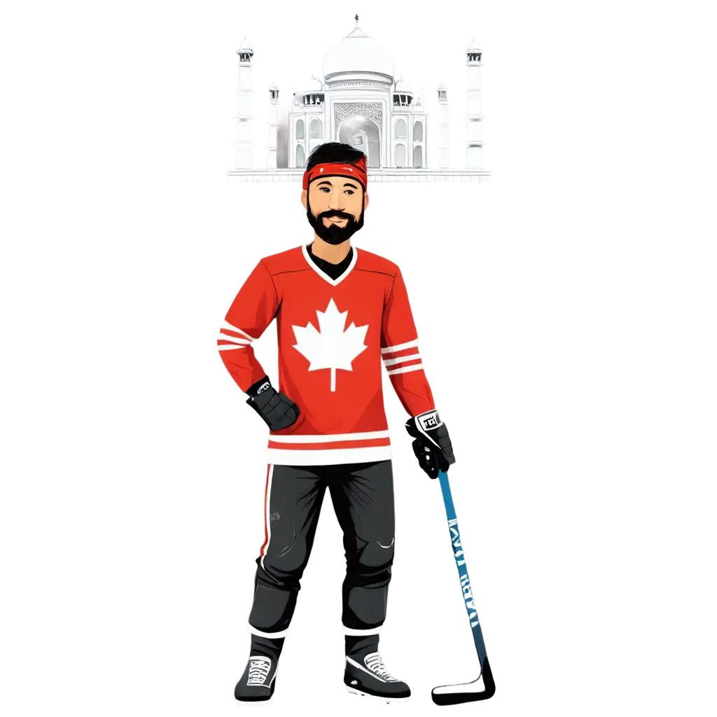 a cartoon Canadian hockey player visiting taj mahal