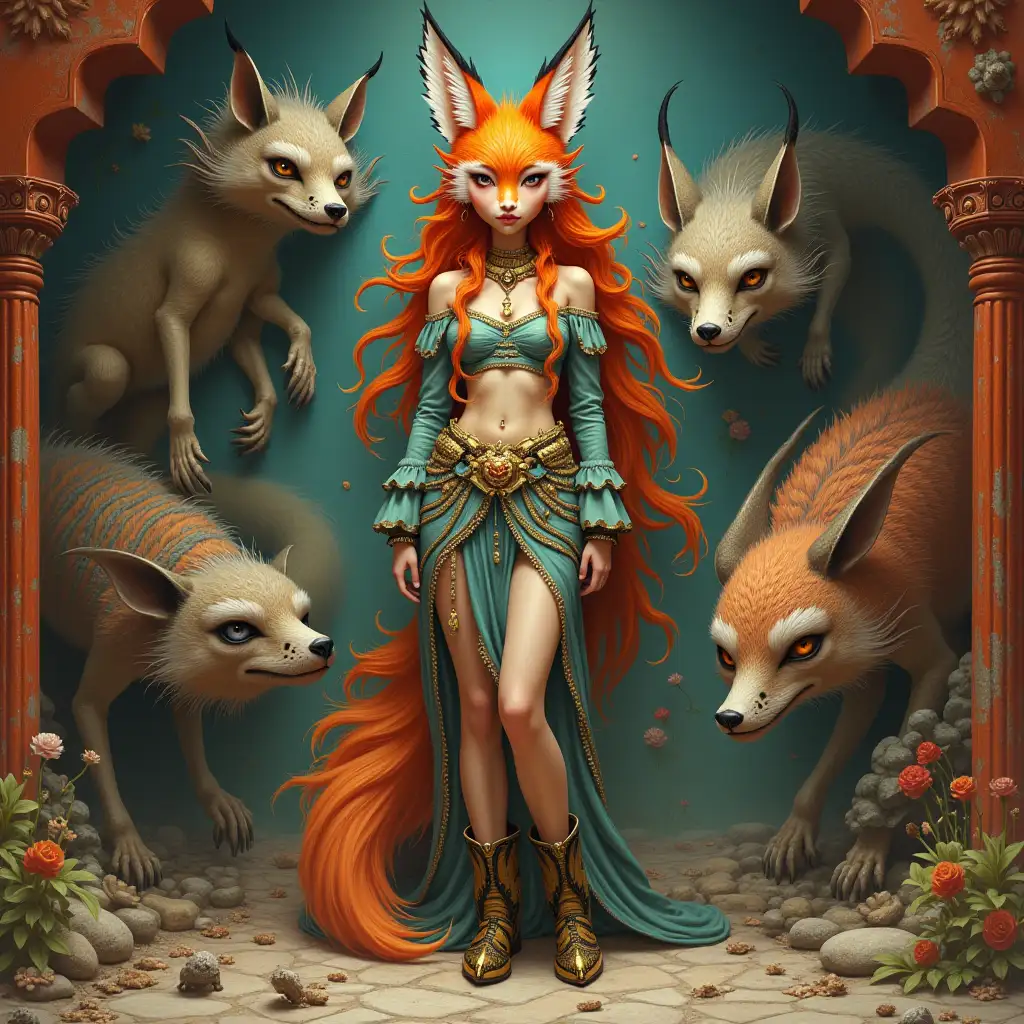 Ultra-detailed hyperrealistic portrait of a woman with fox head with long hair wall and gold-black striped shoes standing in a temple with various strange creatures with intricately detailed, colorful