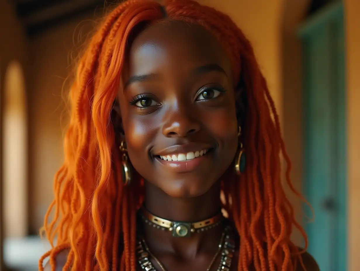 young black girl with alien face,with orange hair, with a slight smile on her face,highlighting her smile, modern retro jewelry,in a temple with rust and various shades of 4k