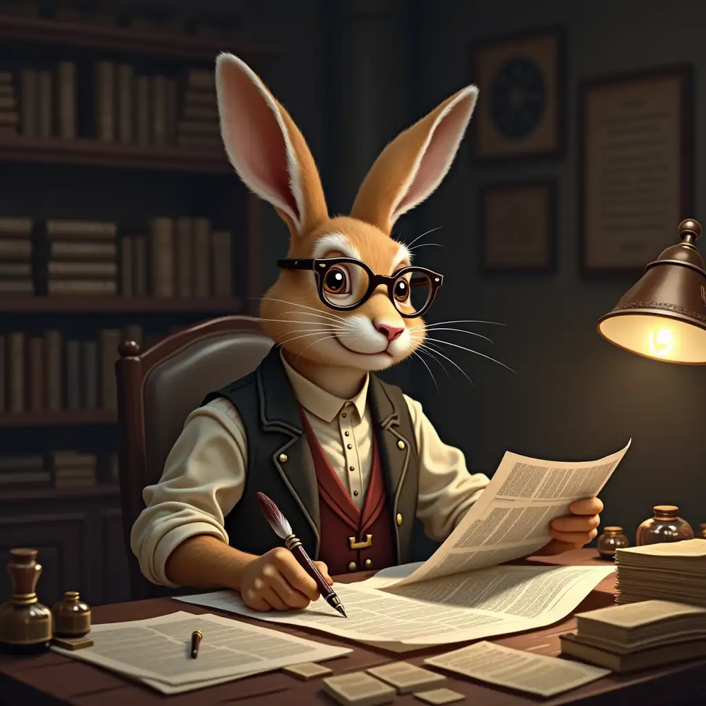 Humanoid-Rabbit-Journalist-in-Cozy-Office-Writing-with-Quill-Pen