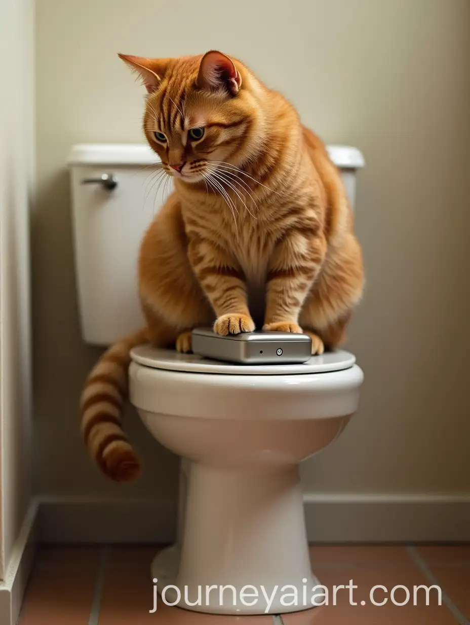 Playful-Red-Cat-Using-a-Phone-on-the-Toilet