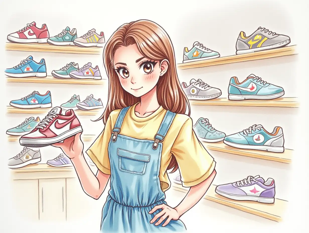 a shoe salesgirl girl in a shoe store. only sells shoes in the store. holds sneakers and looks at the camera. colored pencil drawing.