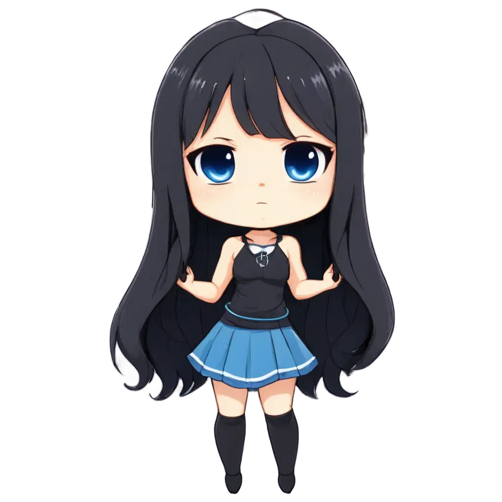 i need you to generate a little chibi girl in anime style who has long black wavy hair to her waist, blue eyes, thin body