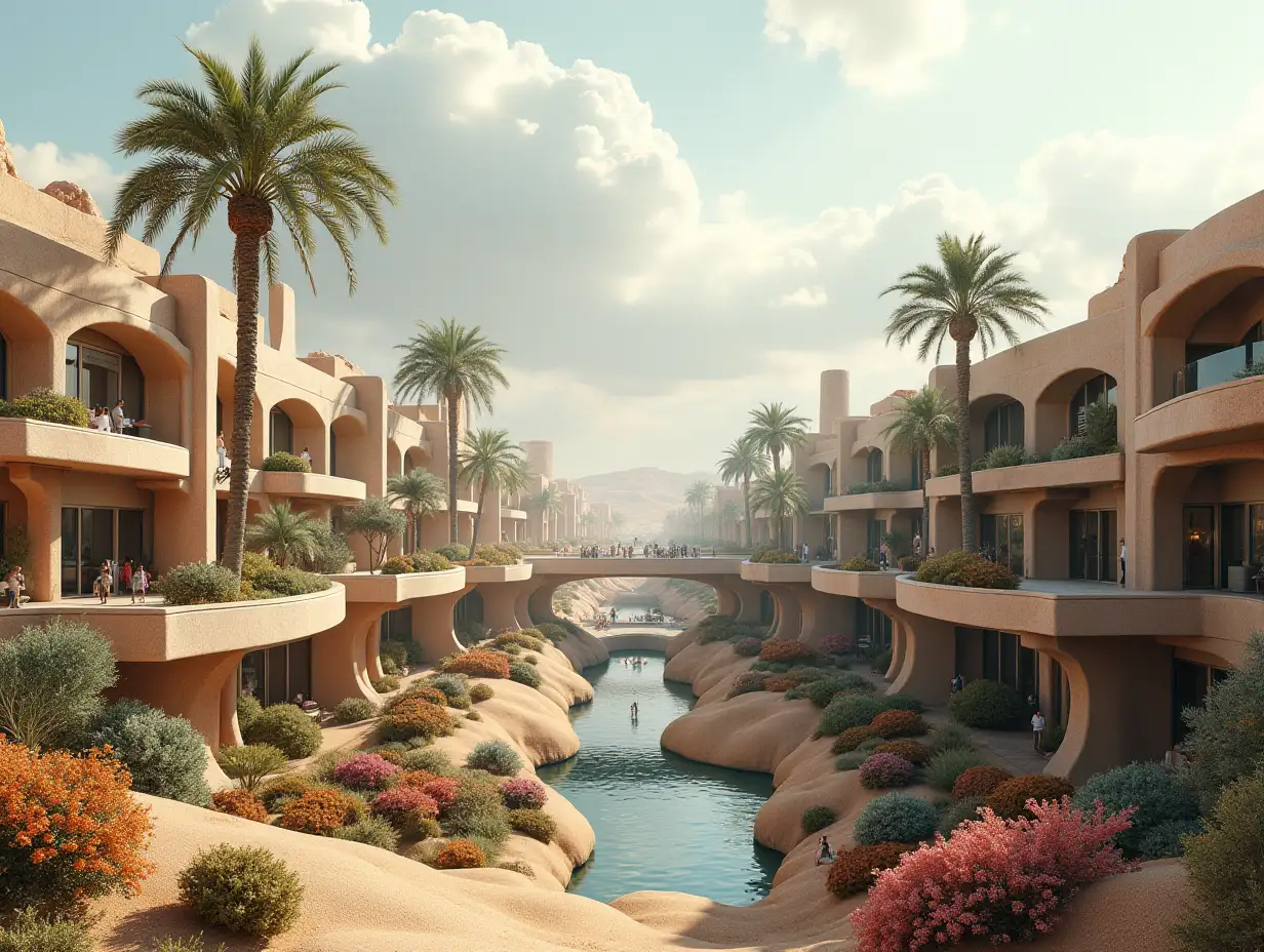 Create a high-resolution, realistic top view panorama image of a large futuristic terrace building settlement with window bridges, many people, many plants and colorful flowers White and brown facades in front of the desert oasis, big trees, very cloudy sky