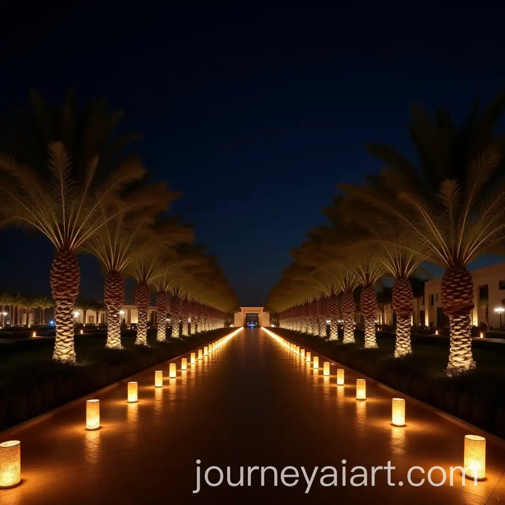 Saudi-Arabian-Najdi-Resort-at-Night-with-LanternLit-Pathways-and-Palm-Trees
