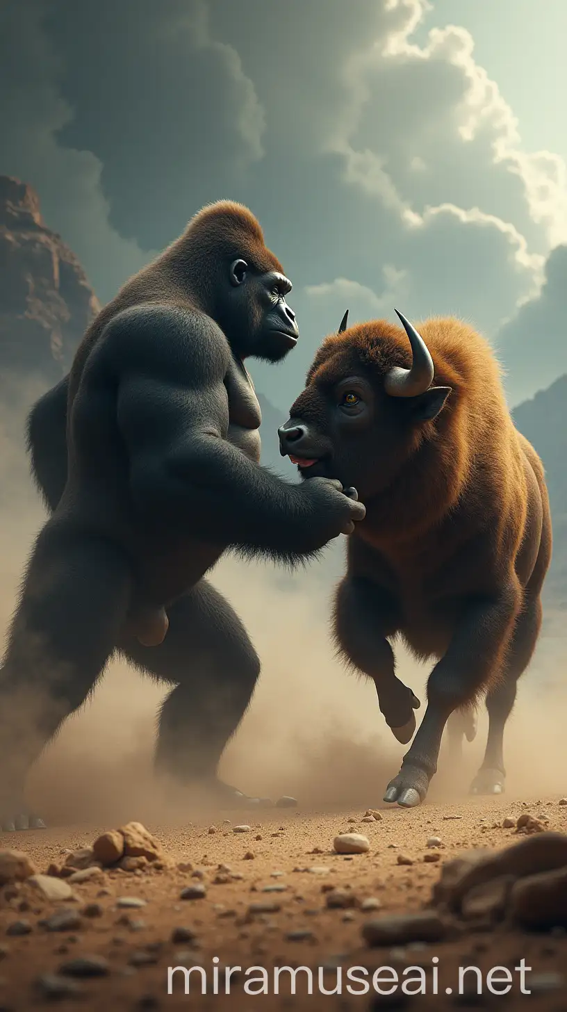 Gorilla and Bison Engaged in an Epic Showdown in a Stormy Desert