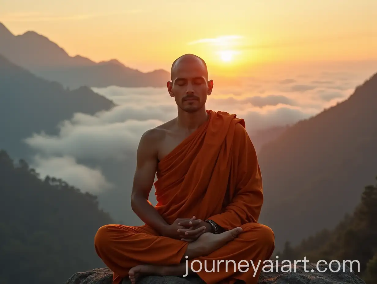 Buddhist-Monk-Meditating-at-Sunrise-in-Mountain-Landscape