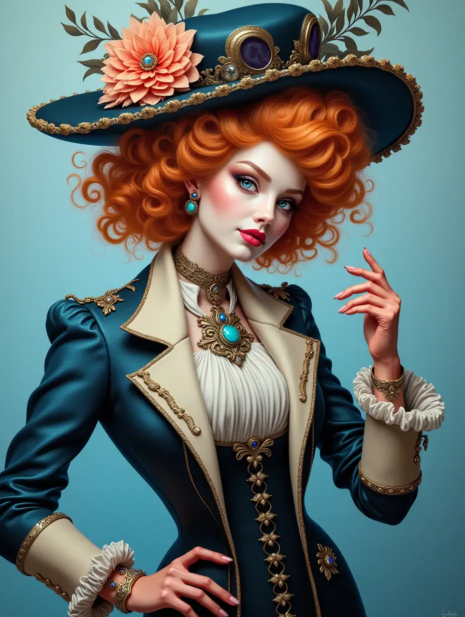 Madame in jabot, baroque, grotesque, detailed art in the style of realism. A masterpiece of painting. Bright curly hair and an unusual hat, a suit with a corset, long gloves and a fluffy collar, jewelry with intricate ornaments and stained glass inserts. Dynamic composition, shades of blue, peach and black. The background is a light gradient in blue tones.