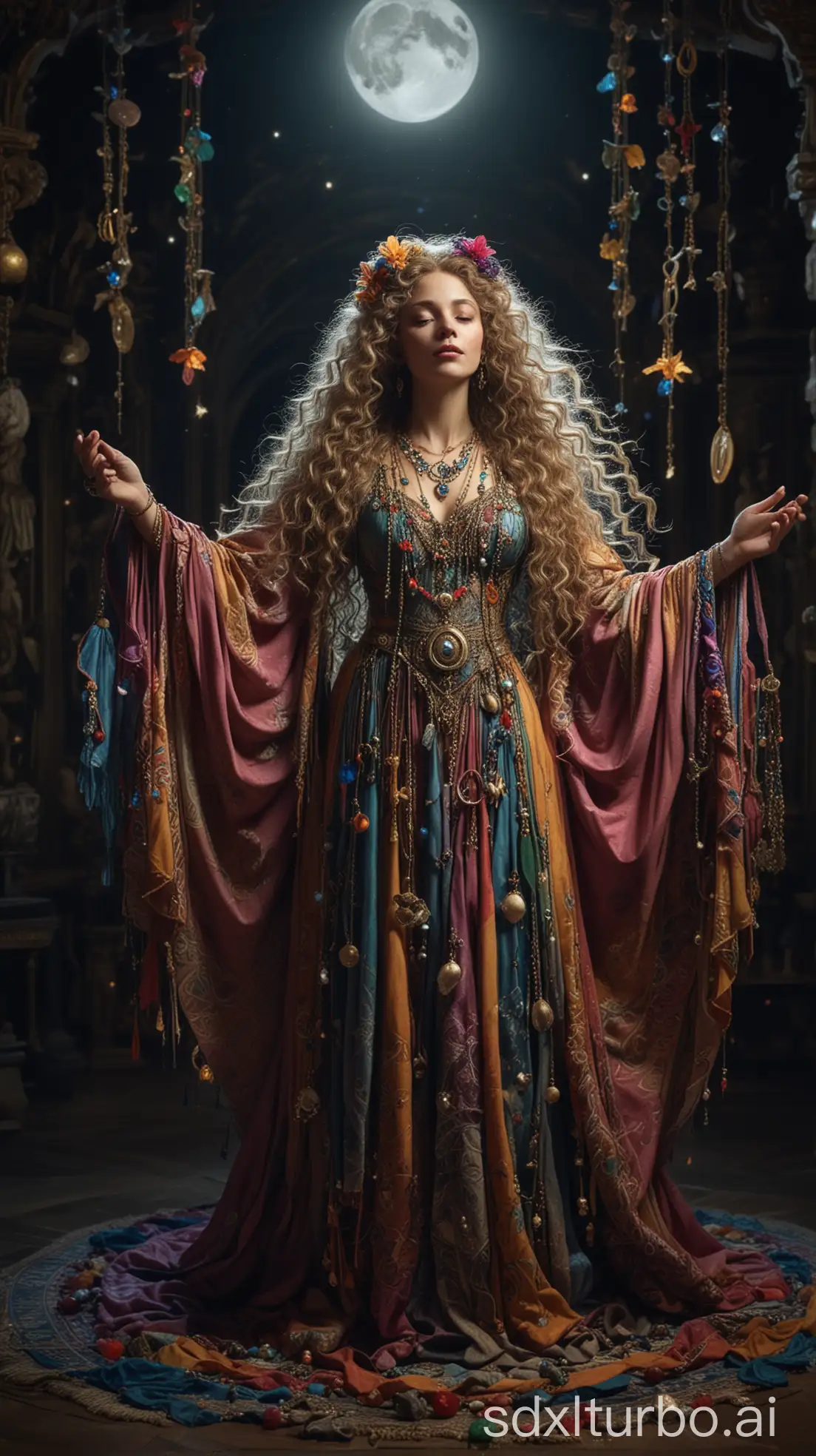 large scale view of an old female moon goddess, very long flowing curly hair, long multicolored adorned dress with colorful magical symbols, mystical necklaces with gems and talismans, magical symbols, inside a baroque theatre with eerie sculptures, enchanting nordic  atmosphere, clear lighting, aerial perspective, intricate costume details, sacred geometry, harmonious composition, idyllic scenery, otherworldly ambiance