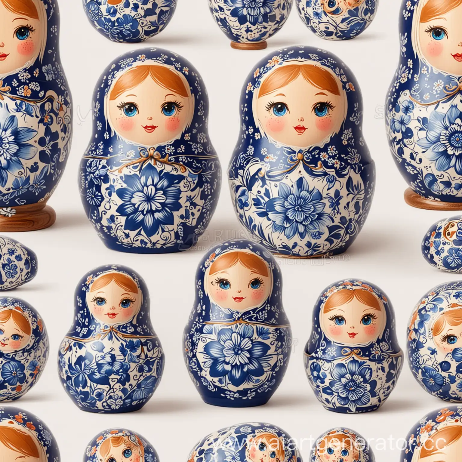 Wooden-Russian-Matryoshka-Doll-with-Gzhel-Pattern-on-White-Background-in-Cartoon-Style