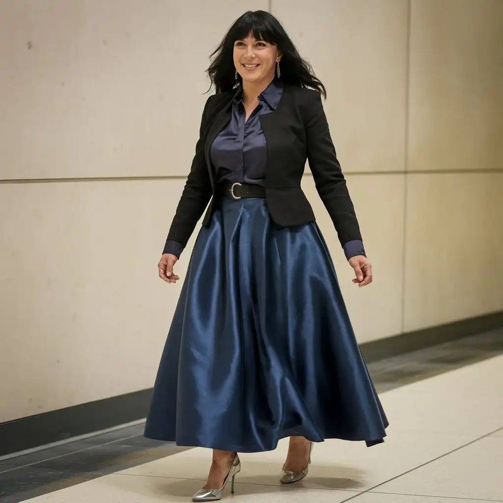 A beautiful woman is confidently walking down a corridor. She is wearing a blackbolero jacket, dark blue satin blouse, belt, and long dark blue satin maxi circle skirt and silver heels. She is smiling