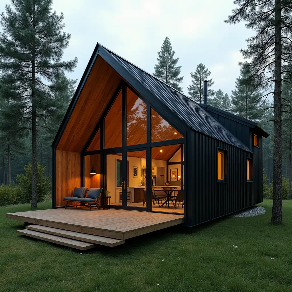 this is a tiny house covered with wooden and trapeze black metals. it has living room, kitchen  and dining area on  ground floor. it has huge window on the  front side      it is located on  forest  and covered grass.