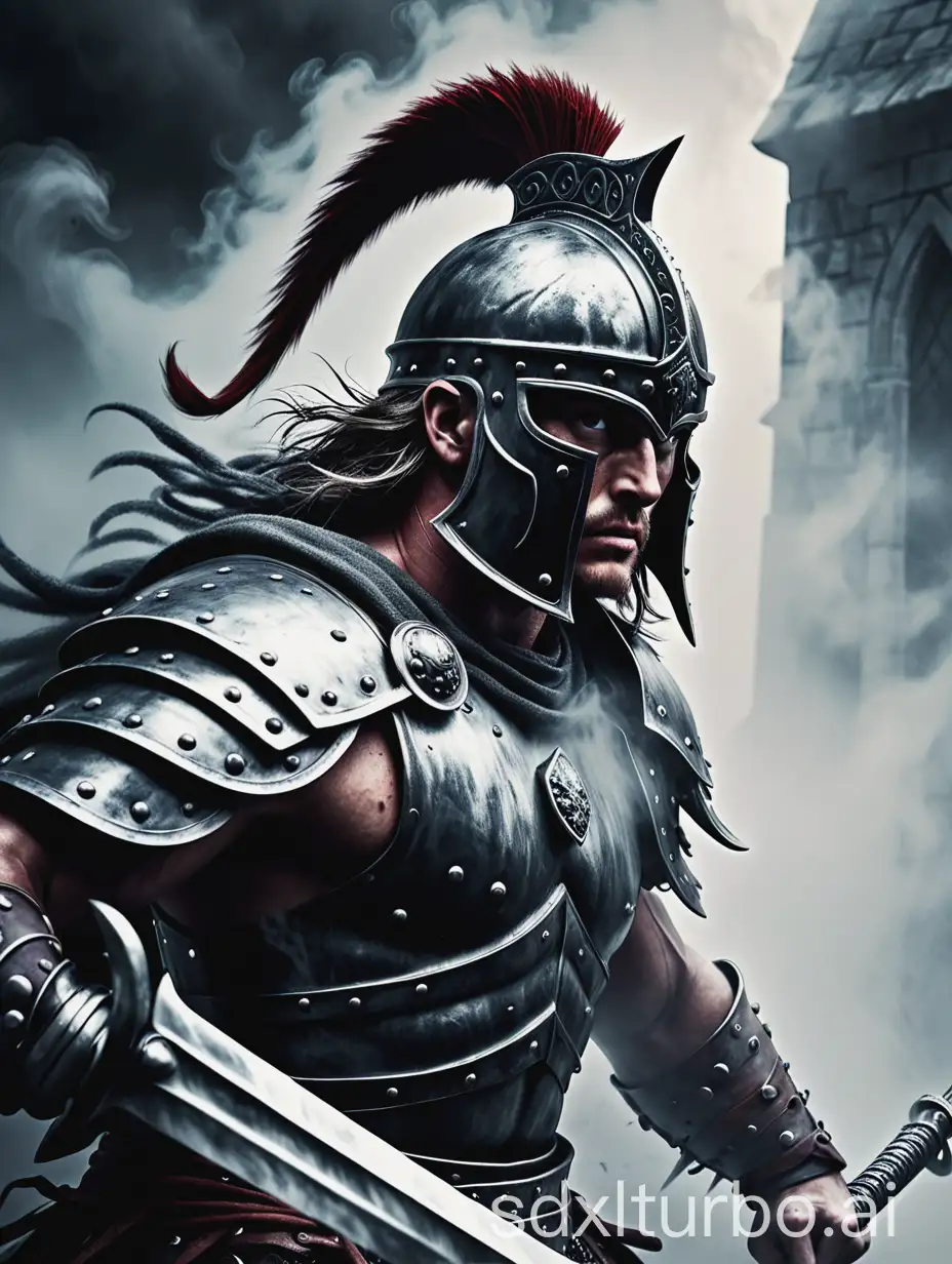 Dramatic intense gritty.high definition.Focus close up on a warrior wearing a closed helm of heavy metal. The helm is of intimidating magnificence.He holds a large sword up in.add tension and suspense.Add a swirling of mist and fog,adding mysteriousness and the feeling of surreal.Add refined details and long shadows with diffused light coming through the mist.Done in black and white
